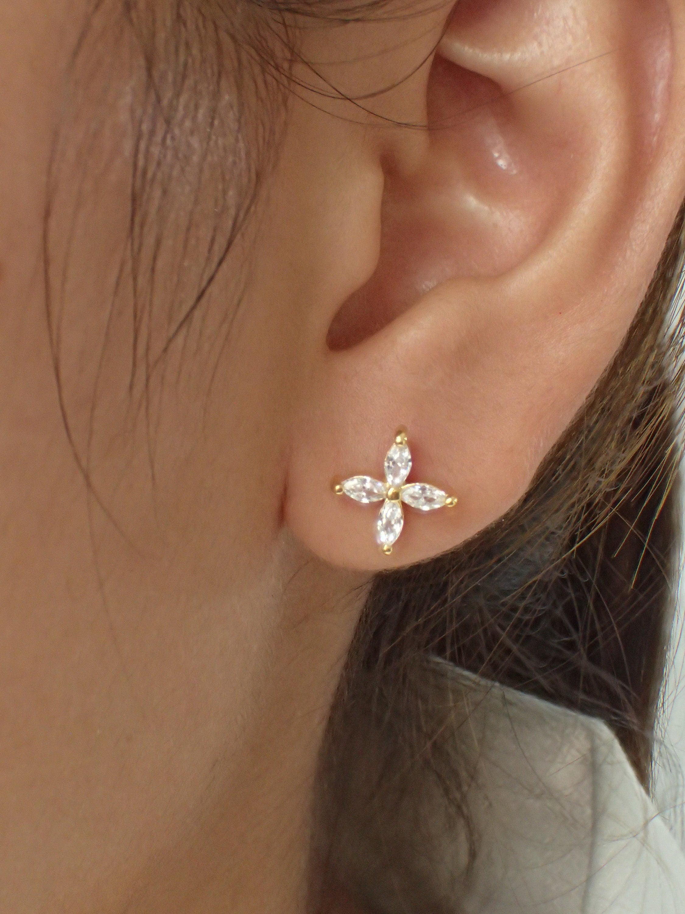 Marquise Stud Earrings / Marquise Cut Moissanite Earrings / Minimalist Flower Earrings / Floral Studs / Wedding Gift